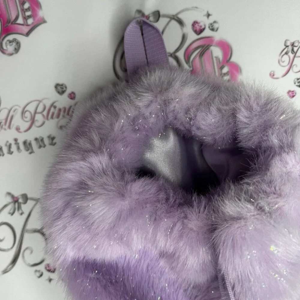 Furry backpack sparkly shimmer purple holographic Pom poms Faux Fur Backpack